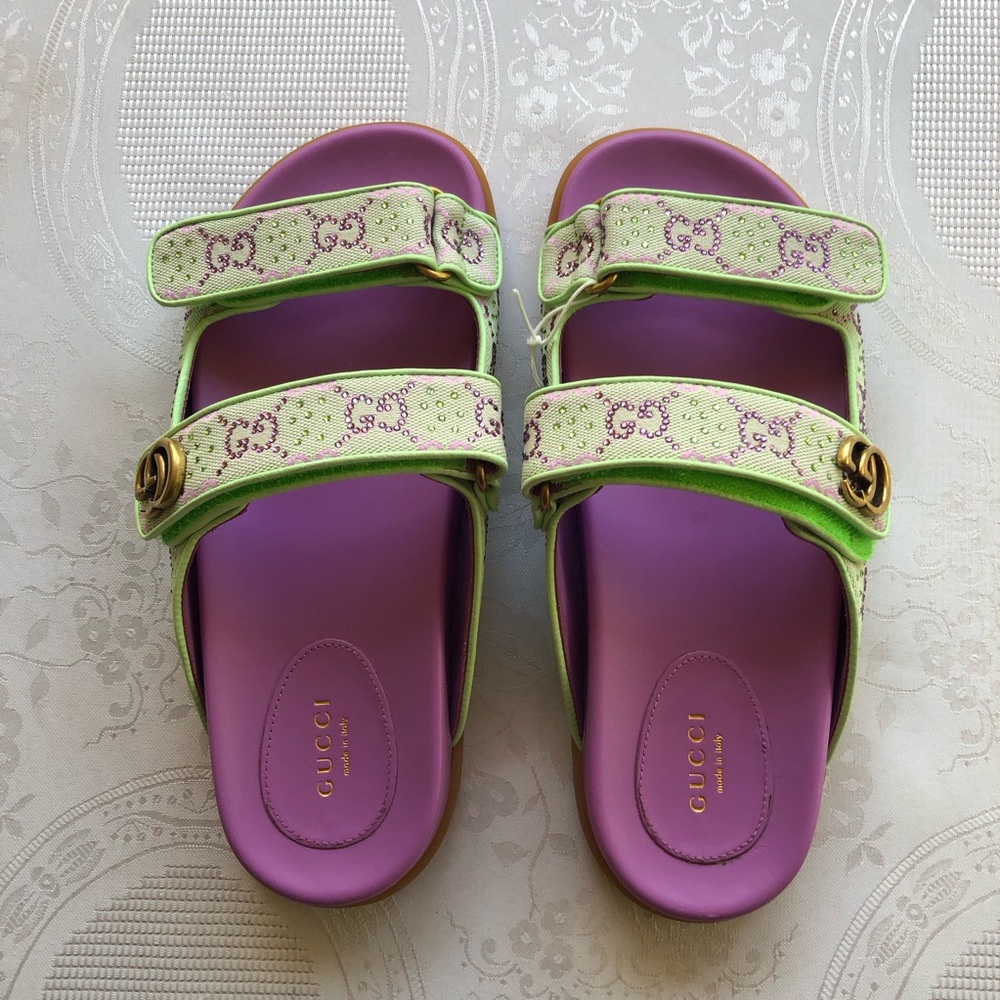 Gucci Crystal Canvas Purple/Lime GG Slides Sandals Women’s Size 39+ US-9 Shoes - Picture 2 of 14